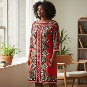 ECI New York Pink Orange Dress 16W Boho Multicolor Print 3/4 Sleeve Shift Dress